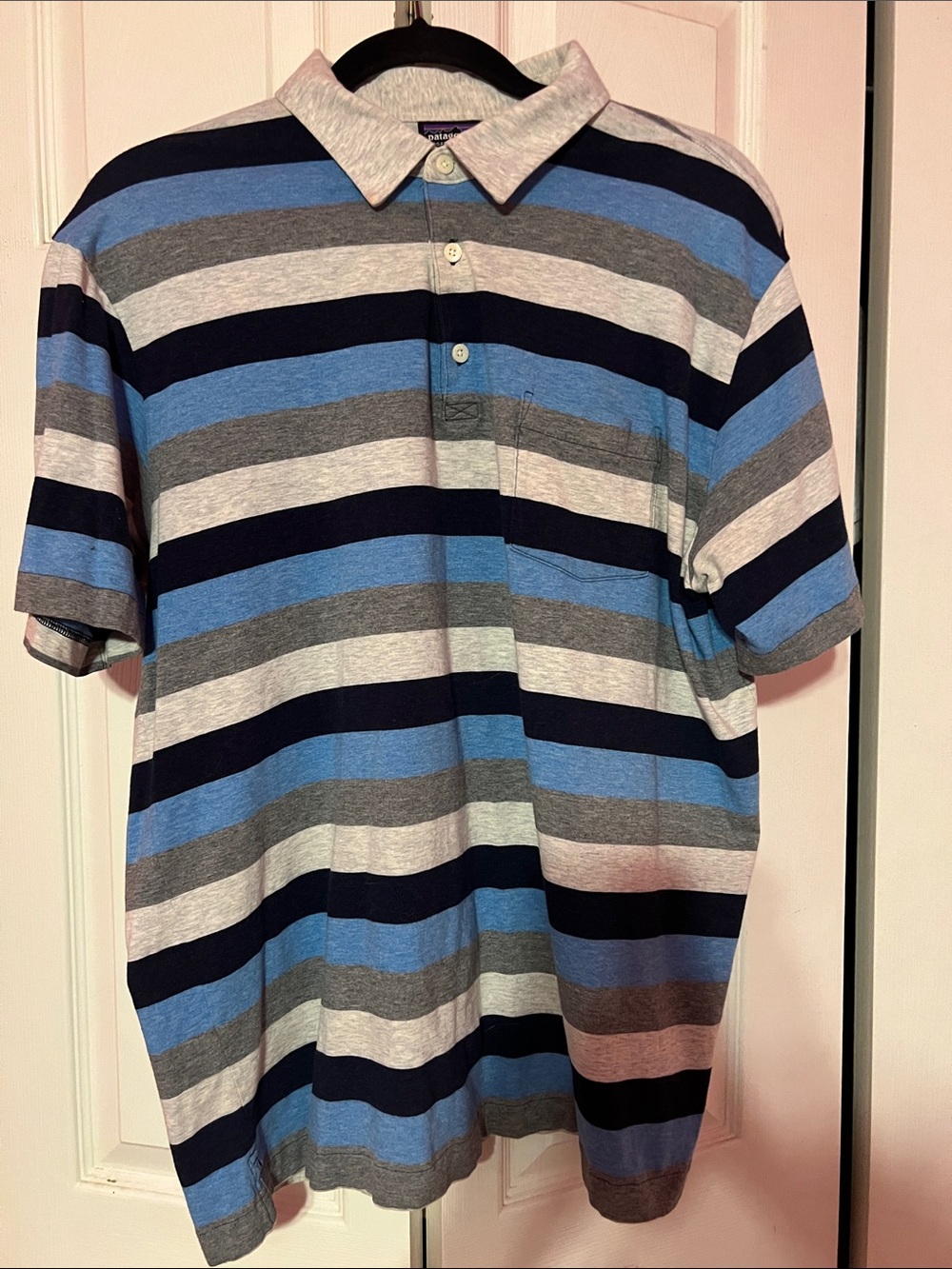 Patagonia Men's Striped Polo 💯Organic Cotton in Blue, Navy & Gray Size L